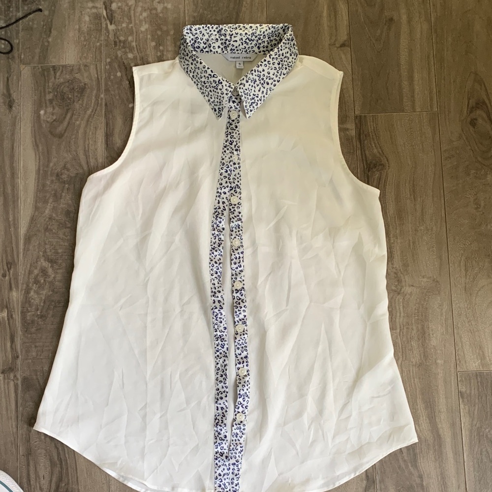 Naked Zebra White Blouse with Blue Leopard Print Patterned Collar